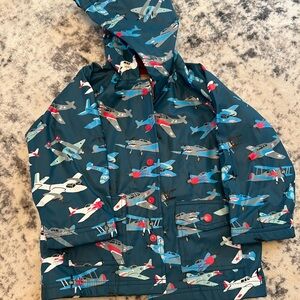 Hatley Kids Hooded Rain Jacket Blue Airplane-Sharks Lined Red Fleece Sz 3T